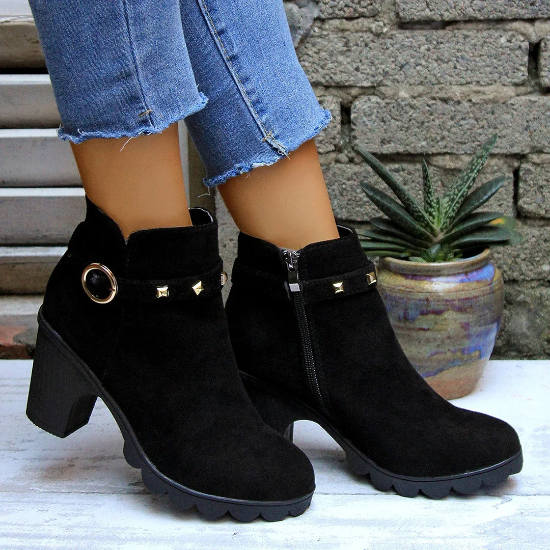 Women's comfortable studded block heel boots, a must-have for your winter boot collection.