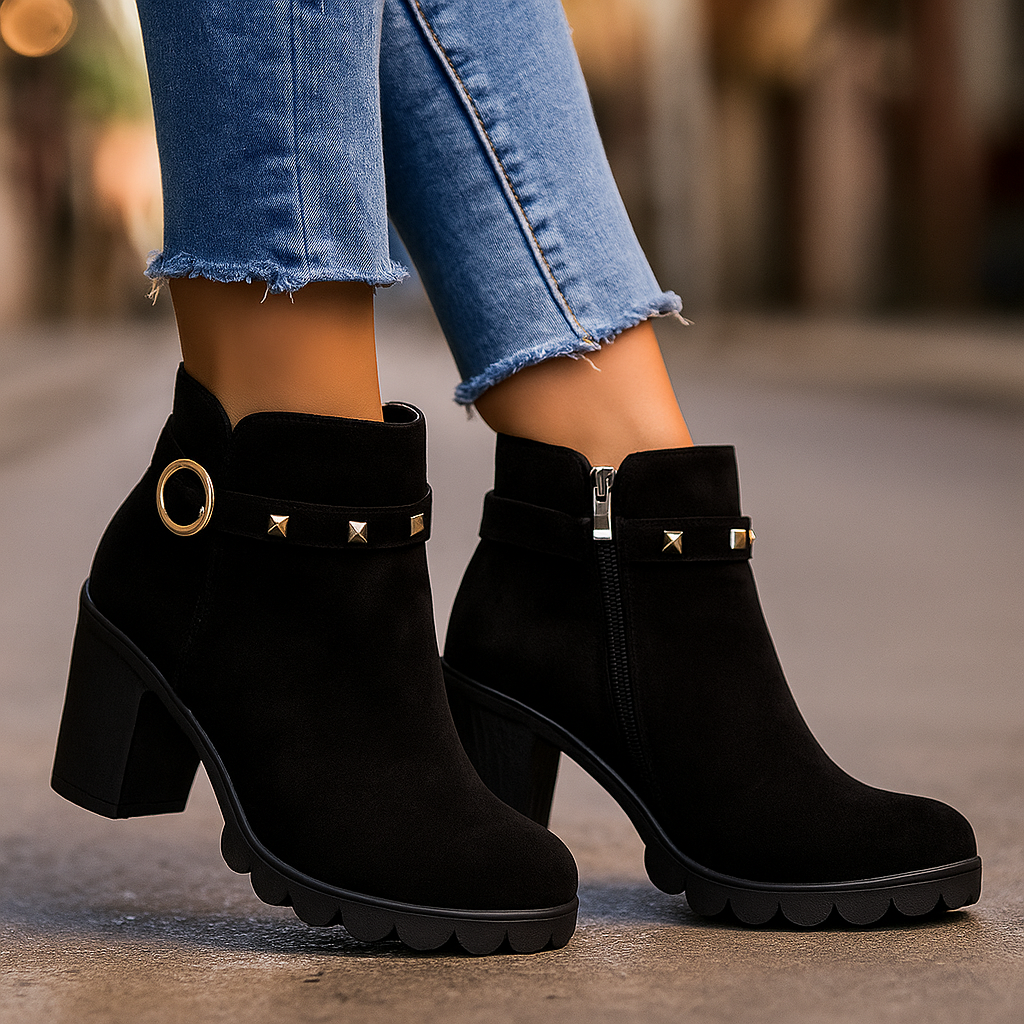 Casual women's studded block heel boots, ideal for everyday wear and fall outfits.