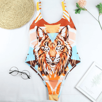Rear view of women's shaping one-piece animal print swimsuit for poolside style