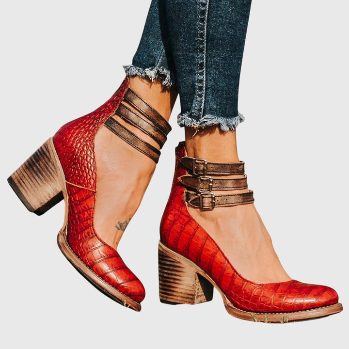 Women's trendy ankle boots for fall, buckle strap, block heel. Stylish & comfortable fashion footwear.