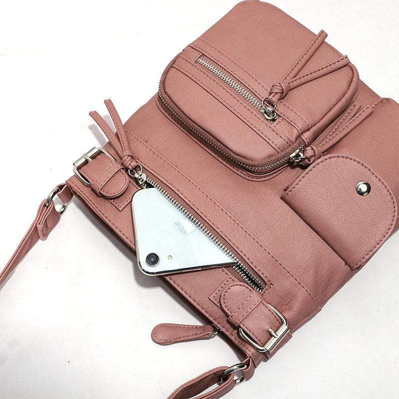 Close-up of the durable fabric on a stylish women's anti-theft travel crossbody bag.