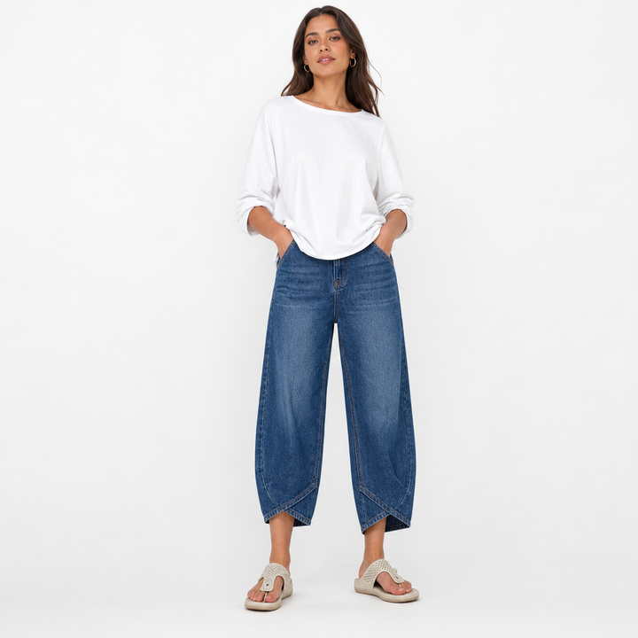 Versatile women's barrel leg cropped jeans, ideal for casual style. Modern mid-rise denim for everyday fashion.