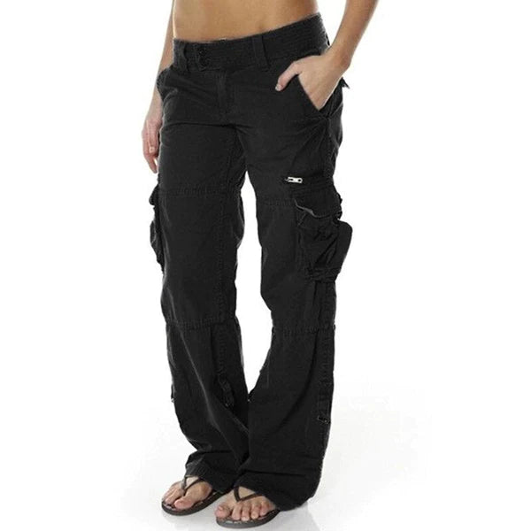 Women's stylish black cargo trousers with multiple utility pockets for a casual and comfortable everyday fit.