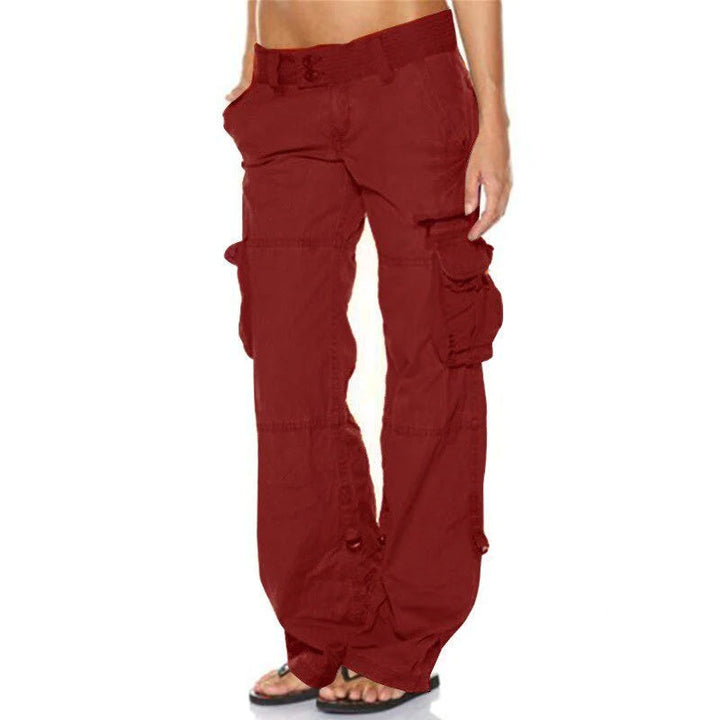 Durable blue women's cargo pants with multi-pocket design, perfect for utility and comfortable casual outfits.