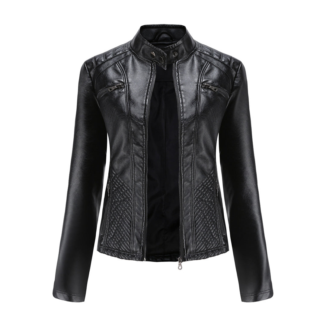 Women's stylish black moto jacket, fitted leather design for versatile fashion.