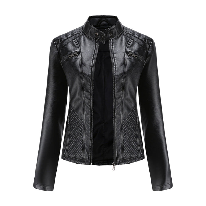 Women's stylish black moto jacket, fitted leather design for versatile fashion.