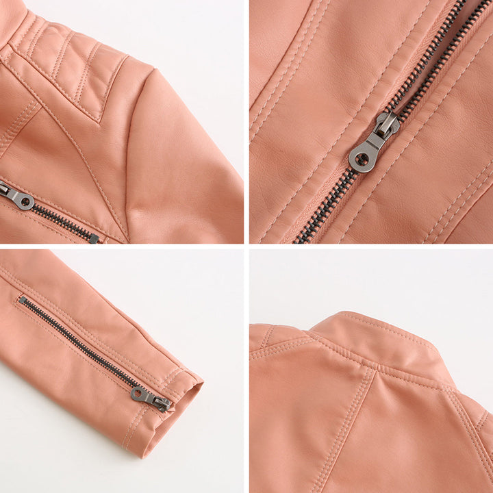 Ladies' stylish moto jacket, fitted silhouette, durable and chic leather.