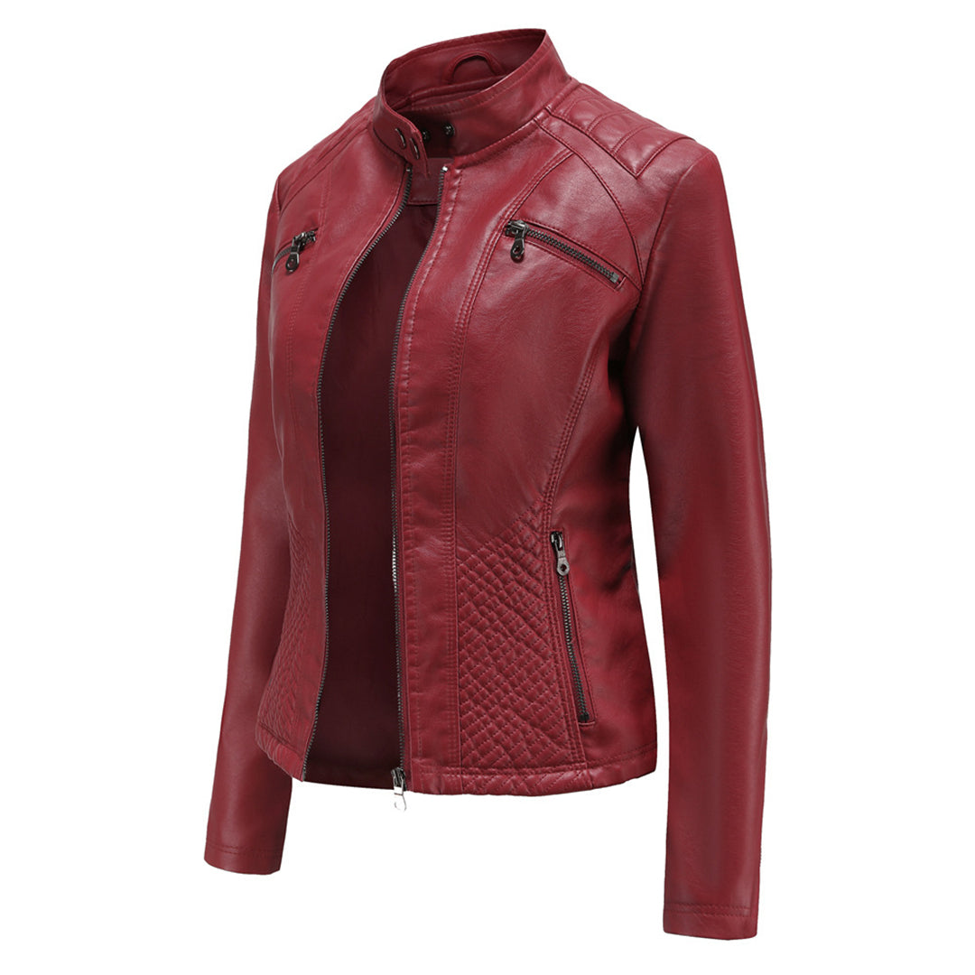 Stylish women's fitted jacket, premium leather, modern moto design.
