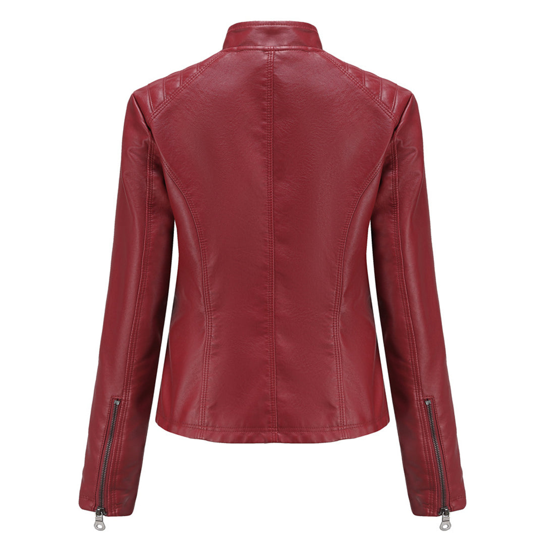 Black leather moto jacket for women, timeless & versatile, casual elegance.