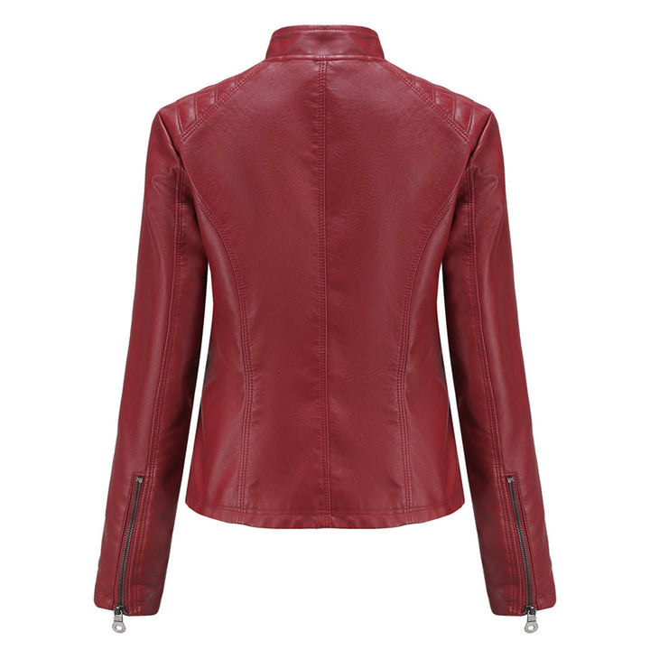 Black leather moto jacket for women, timeless & versatile, casual elegance.