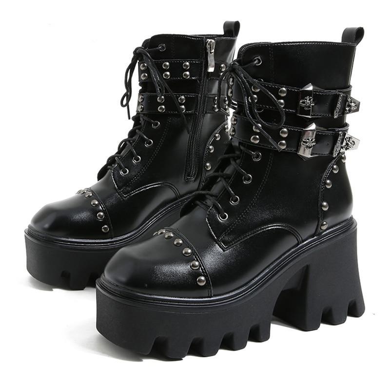 Edgy women's black platform ankle boots with gothic influence, ideal for a bold fashion statement.