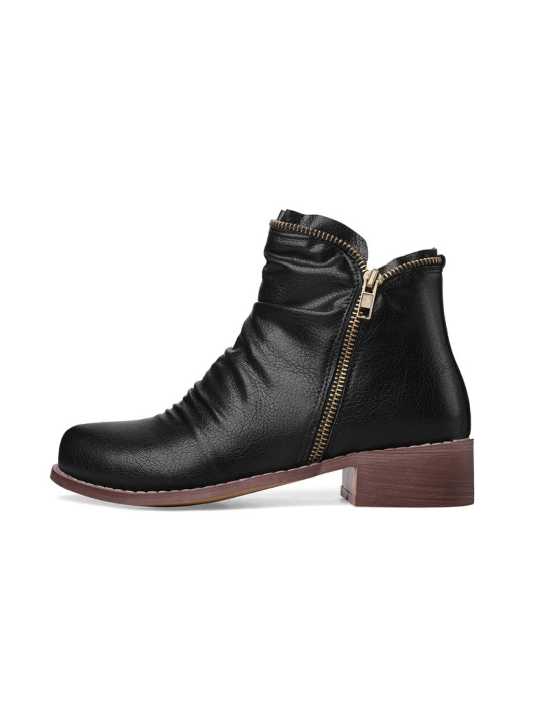 Casual women's black wrinkled western ankle boots. Comfortable low heel, double zipper, round toe. Perfect for fall.