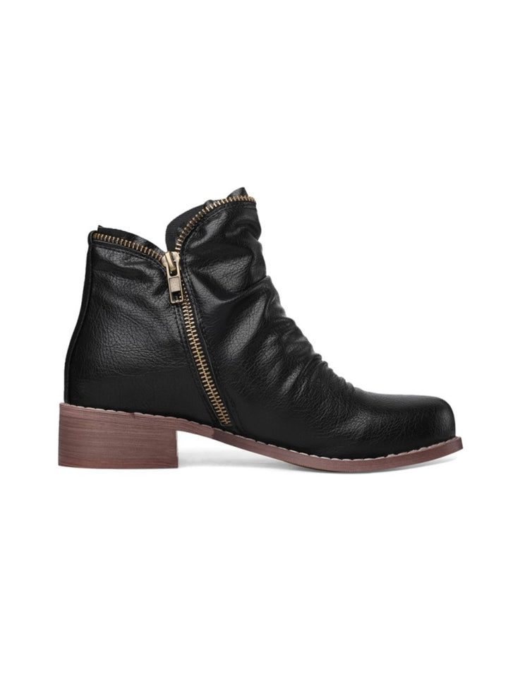 Black wrinkled western ankle boots for women, featuring a double zipper, round toe, and comfortable low heel.