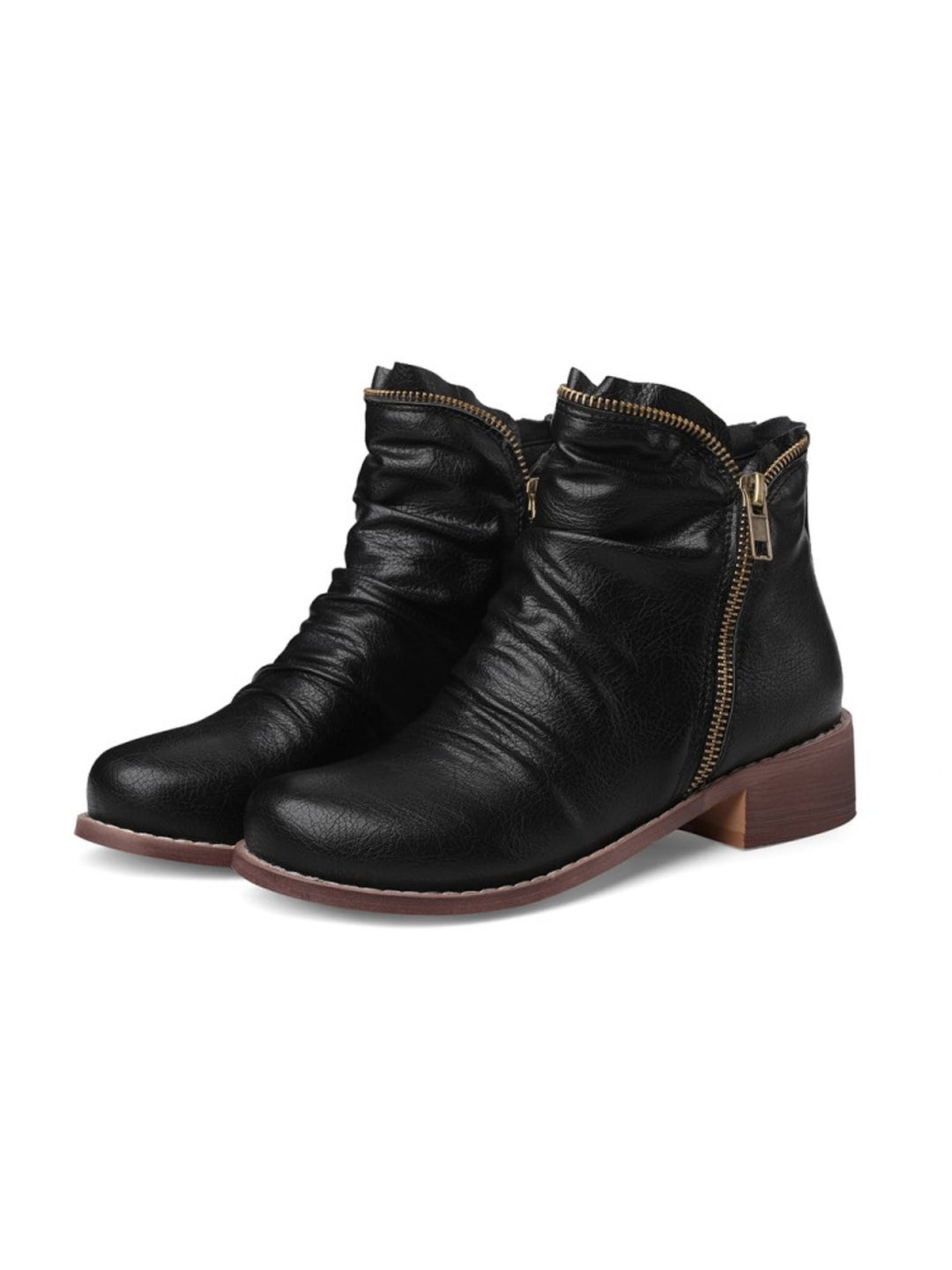 Comfortable women's black western ankle boots. Wrinkled design, round toe, low heel, double zipper for fall.