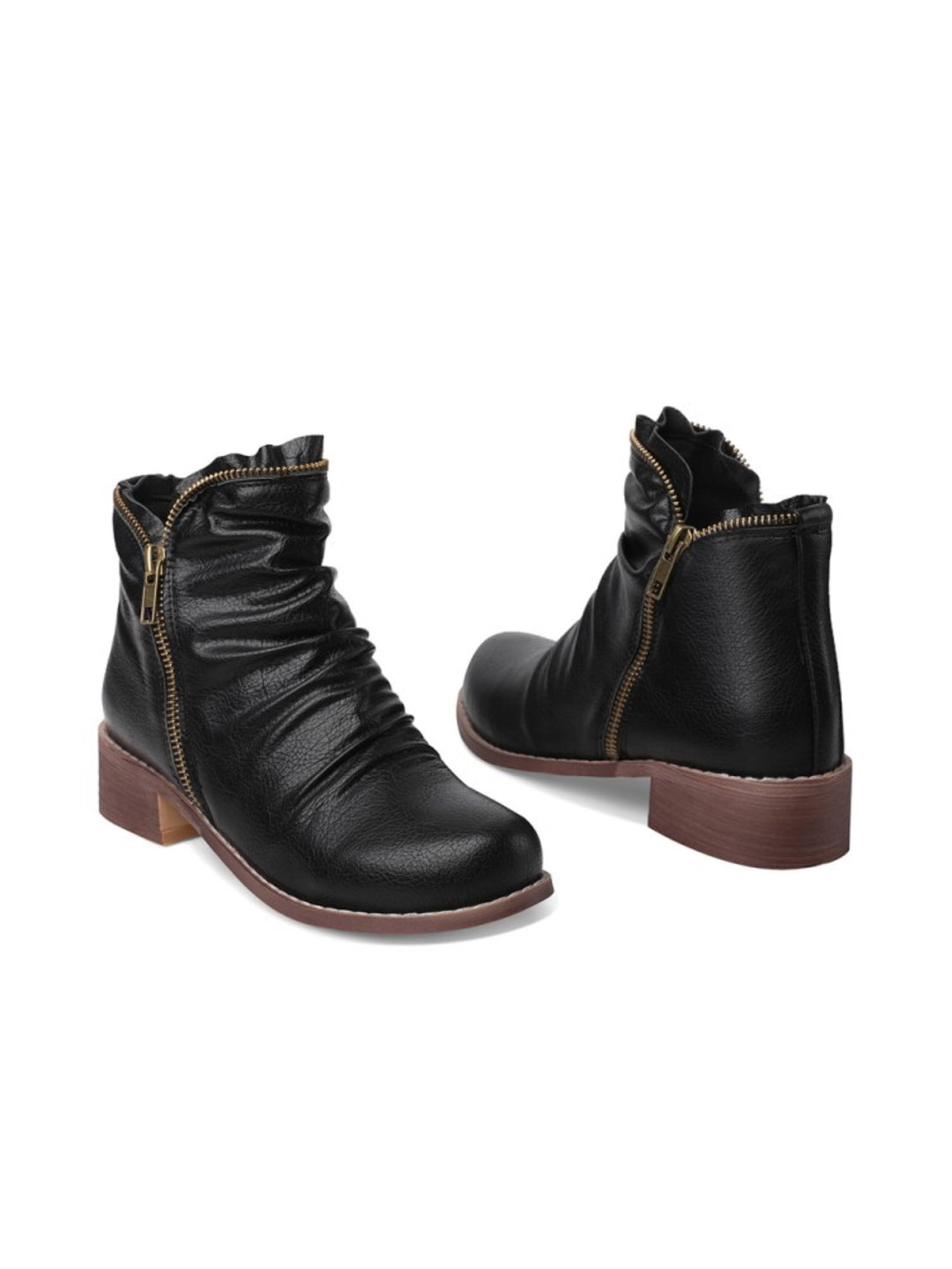 Fall fashion women's black wrinkled western ankle boots. Low heel, double zipper, round toe. Casual & comfy.