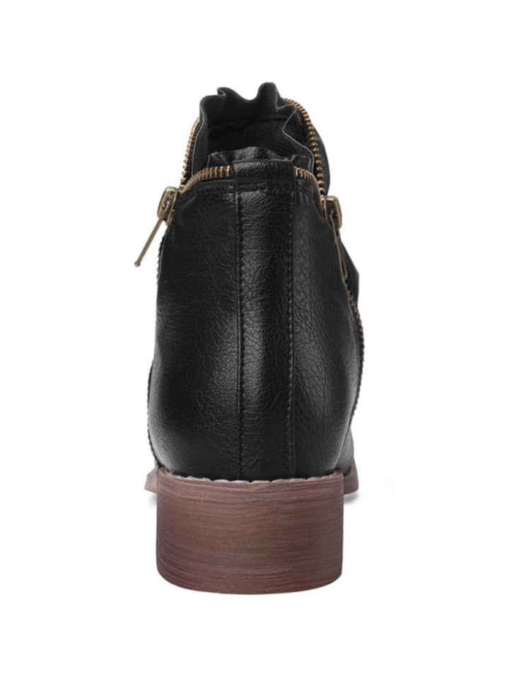 Women's black wrinkled western ankle boots, perfect for casual fall outfits. Features low heel & double zipper.