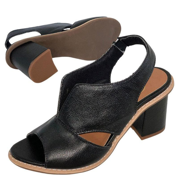 Front view of women's comfort block heel sandals, showcasing their elegant design.