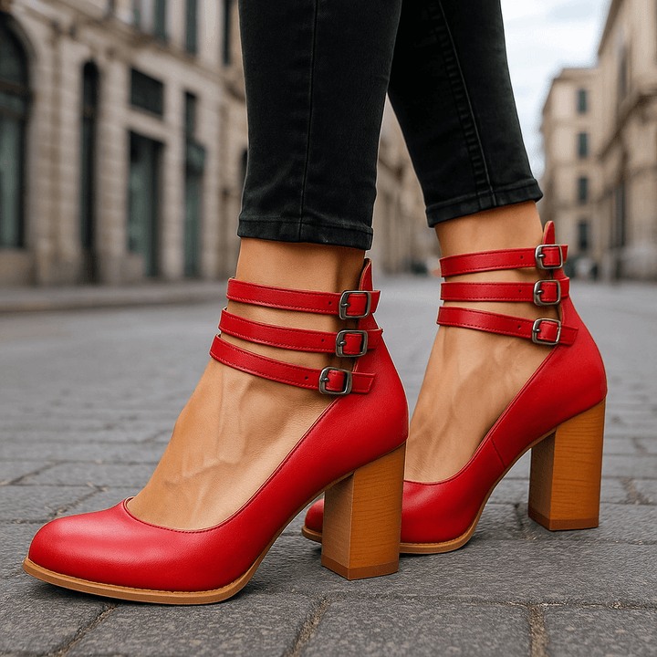 Women's stylish block heel sandals with triple ankle straps. Perfect for a confident, chic look.