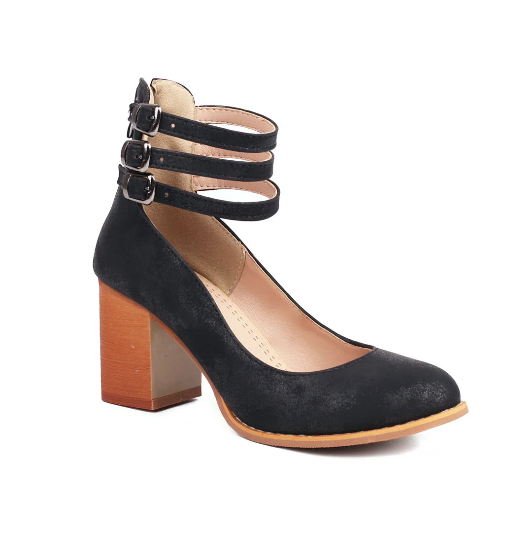 Red women's block heel party sandals with triple buckle ankle straps. Make a statement at any event.