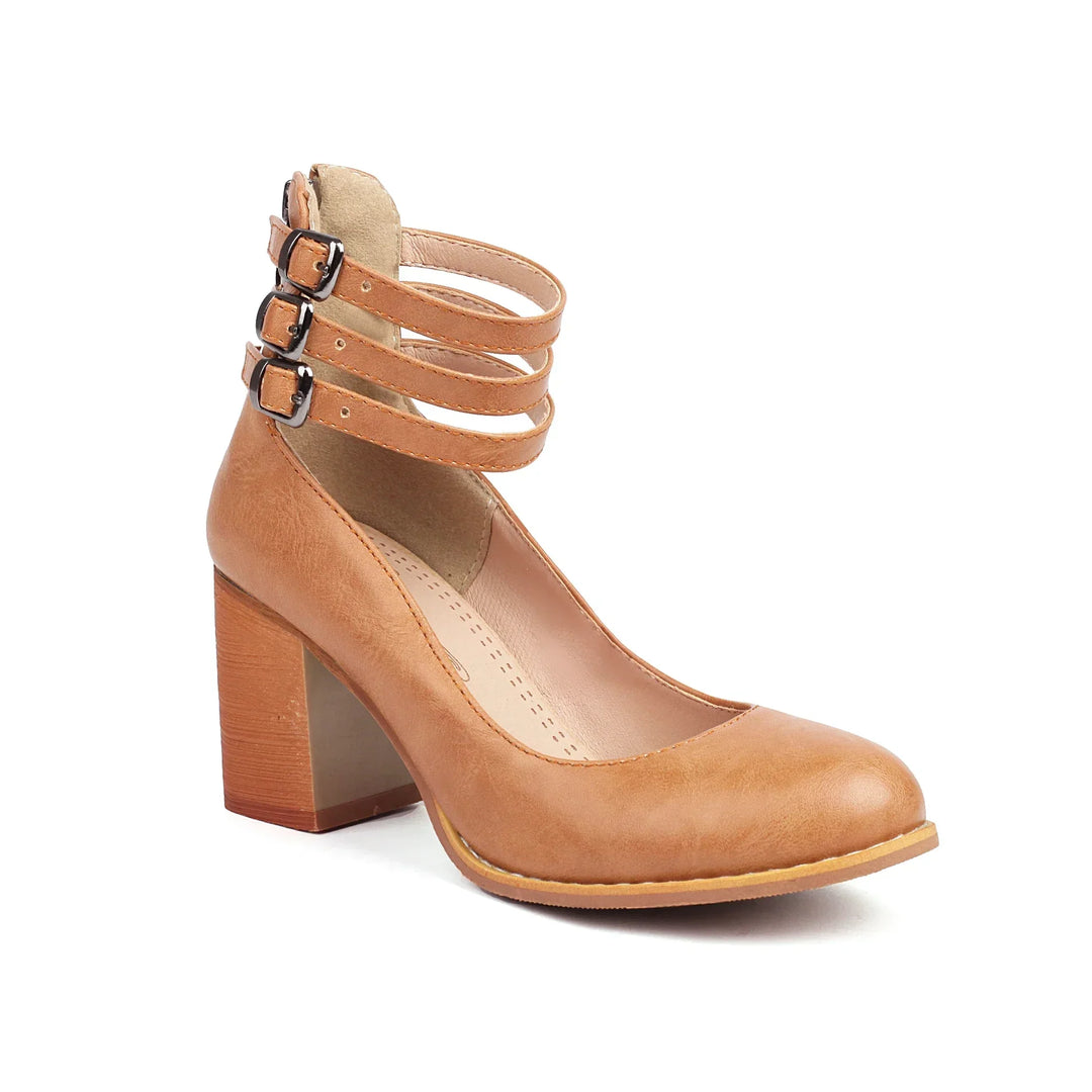 Black women's stylish block heel sandals. Triple ankle straps add a touch of elegance & security.