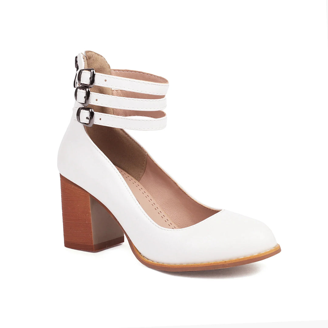 Versatile white block heel sandals for women, featuring triple ankle straps. Ideal for formal & casual outfits.