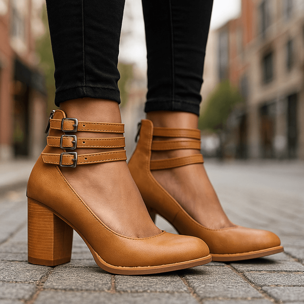 Red block heel sandals for women, featuring elegant triple ankle straps. Ideal party or dress shoes.