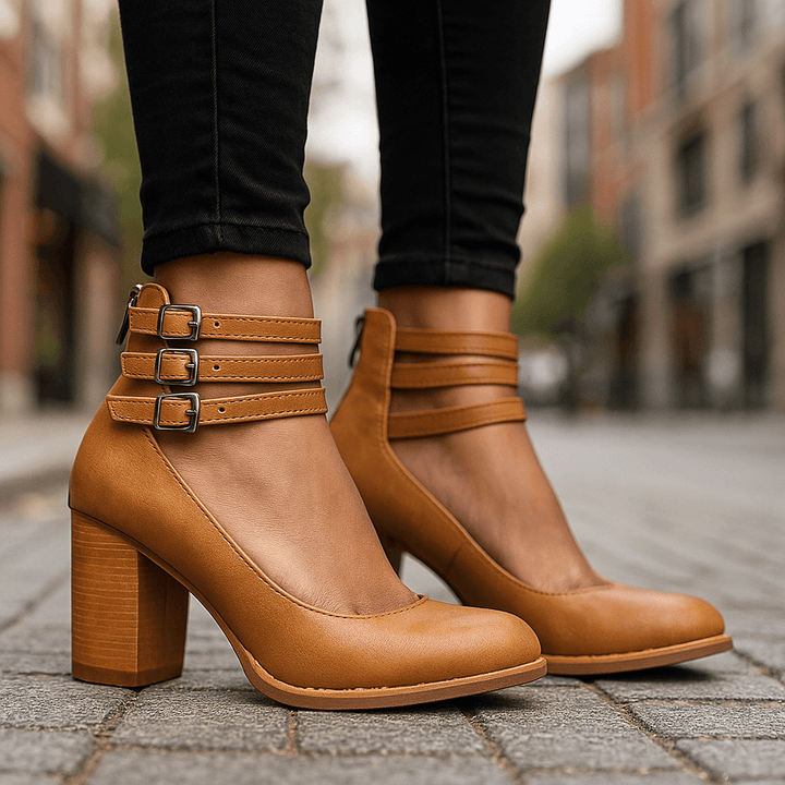 Red block heel sandals for women, featuring elegant triple ankle straps. Ideal party or dress shoes.