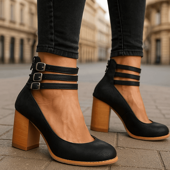 White block heel sandals for women, designed with fashionable triple ankle straps. Chic & comfortable.