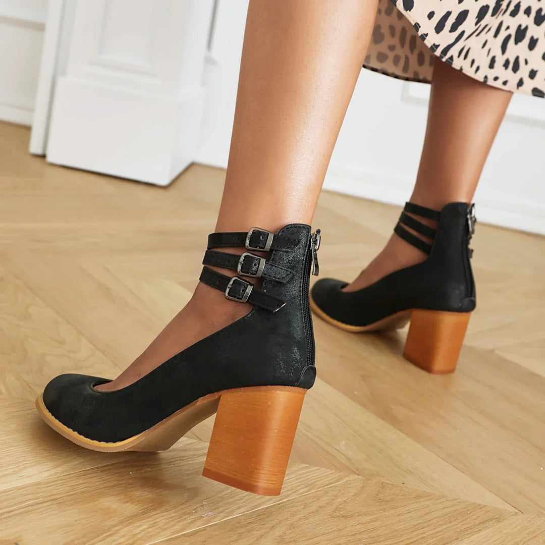 Sturdy block heel sandals for women, boasting stylish triple ankle straps. A confident choice.