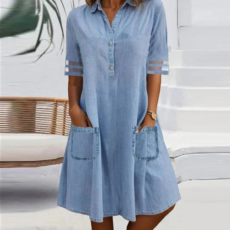 Women's stylish blue mini dress with side pockets, perfect for casual summer everyday wear.