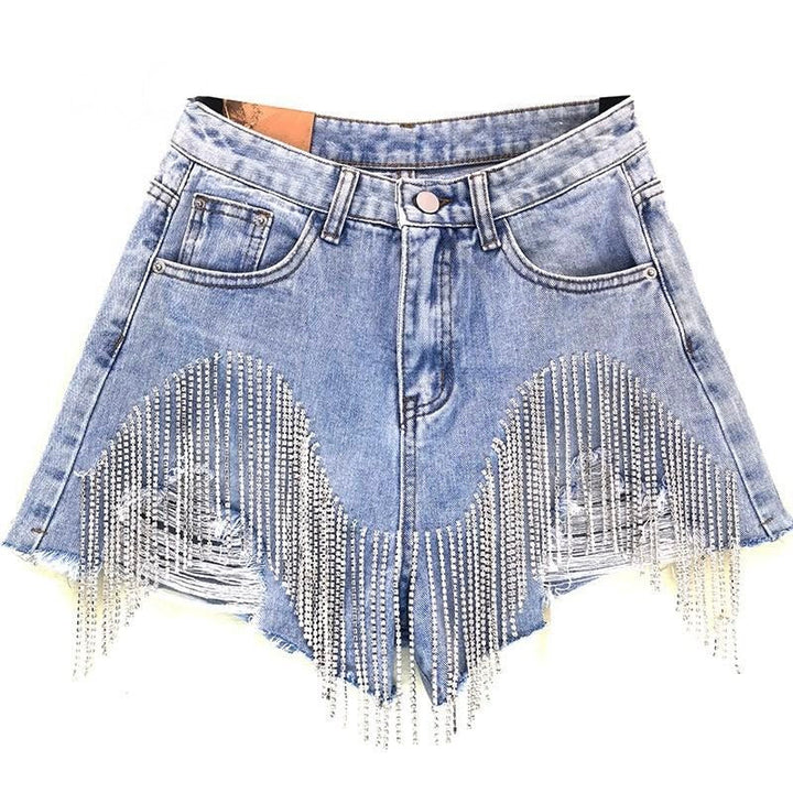 Women's stylish blue tassel shorts for summer fashion. Perfect casual wear with a boho chic charm.