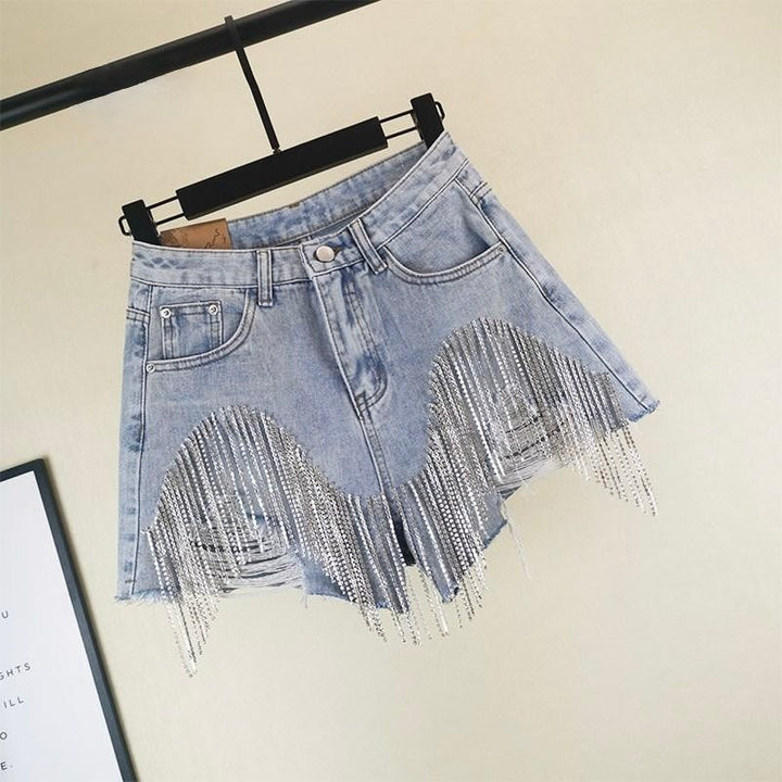 Effortless charm with women's blue tassel shorts, ideal for warm weather and stylish casual outfits.