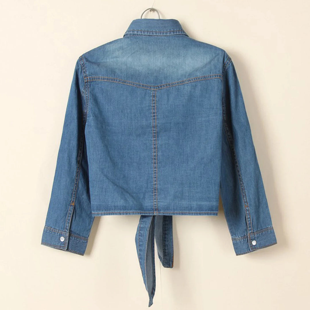 Casual women's blue tie-front top. A chic long sleeve button-down shirt for versatile everyday wear.