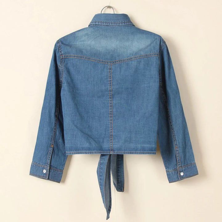 Casual women's blue tie-front top. A chic long sleeve button-down shirt for versatile everyday wear.