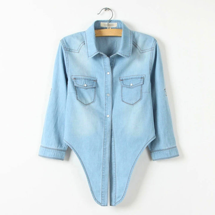 Versatile women's blue tie-front button-down shirt. Long sleeve top, ideal for stylish casual and everyday fashion.