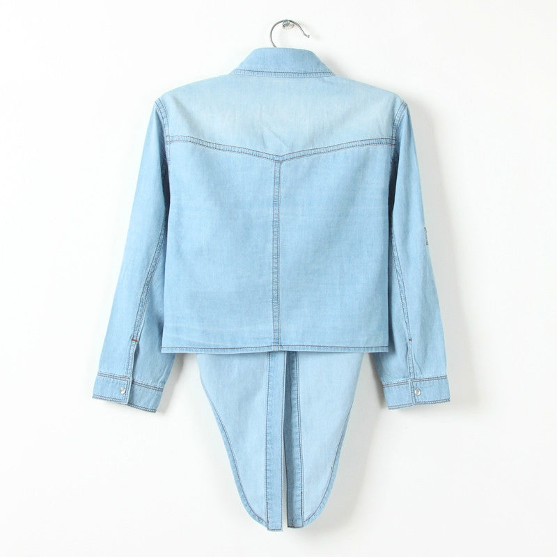 Women's fashionable blue tie-front button-down top. Long sleeve casual shirt for stylish everyday wear.