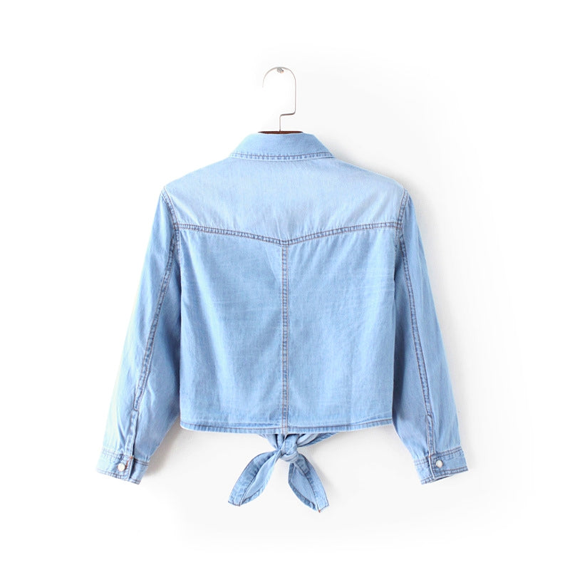 Everyday fashion women's blue long sleeve tie-front button-down shirt, a stylish and comfortable top.
