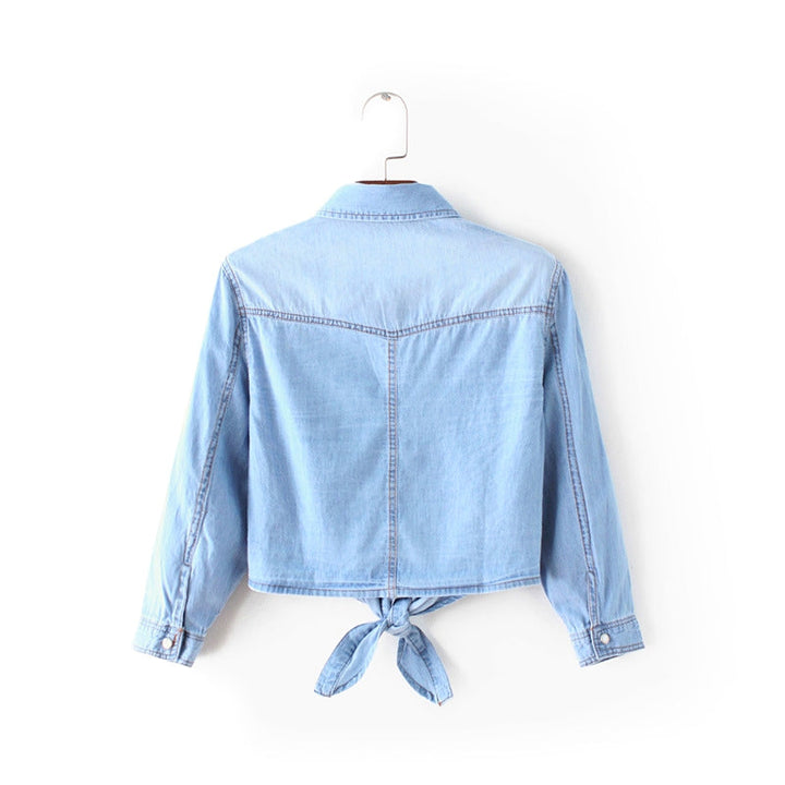 Everyday fashion women's blue long sleeve tie-front button-down shirt, a stylish and comfortable top.