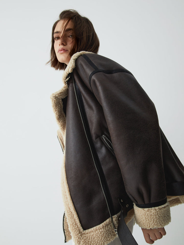 Mila women's brown leather aviator jacket. Stylish, modern chic & versatile outerwear, perfect for everyday wear.