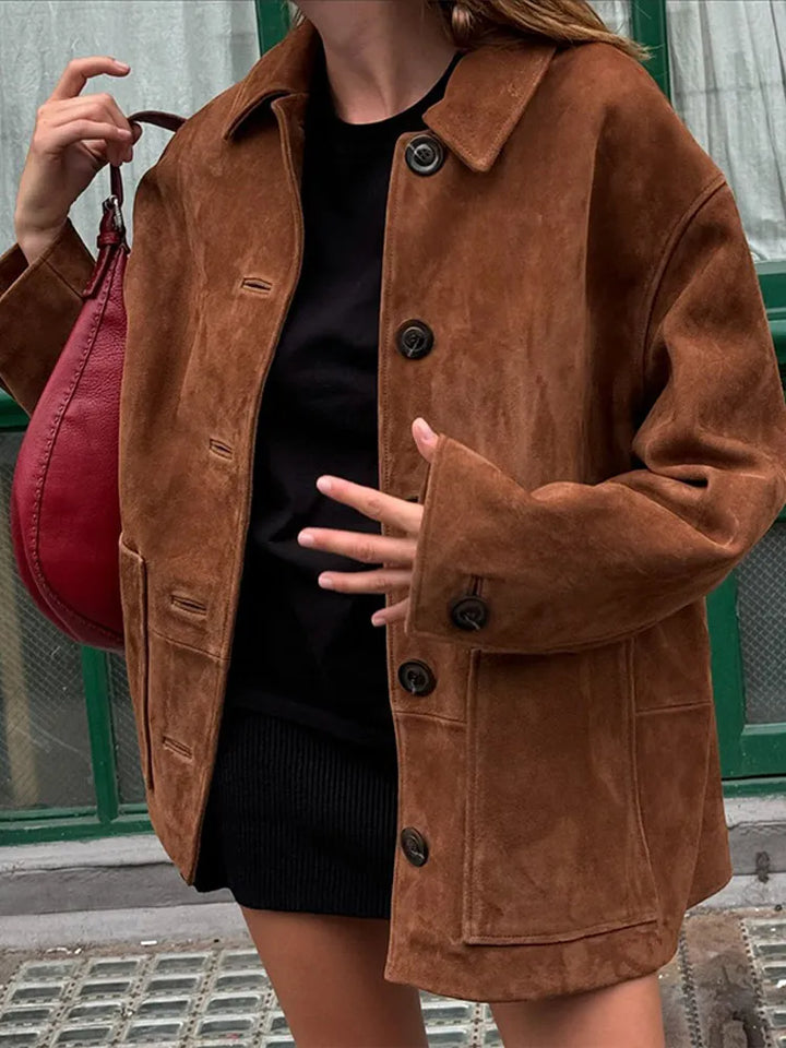 Women's stylish brown loose-fit jacket, perfect casual outerwear for versatile fall fashion layering.