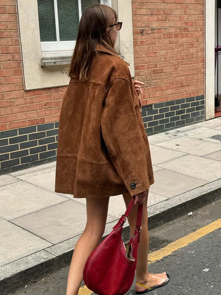 Comfortable and stylish women's brown loose-fit jacket. Ideal for casual wear & fall fashion layering.