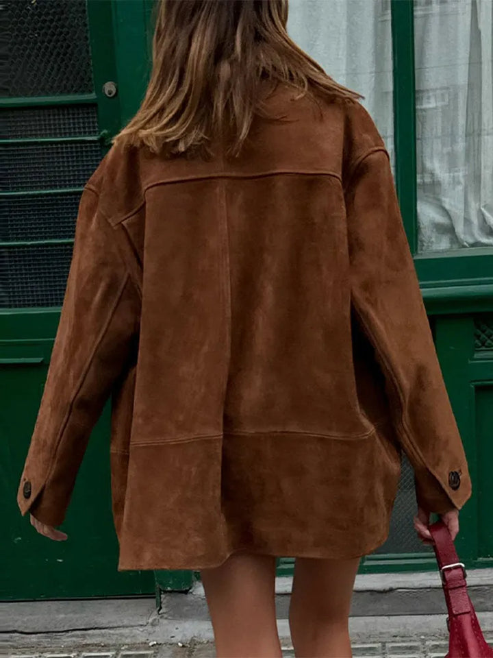 Trendy women's loose-fit brown jacket, a must-have stylish casual outerwear for fall fashion.