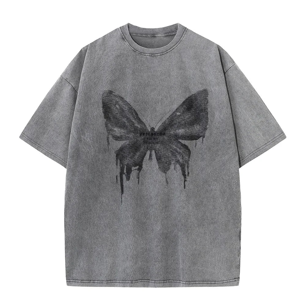 Woman wearing a comfortable butterfly print cotton tee, ideal as a stylish graphic summer top for casual outings.