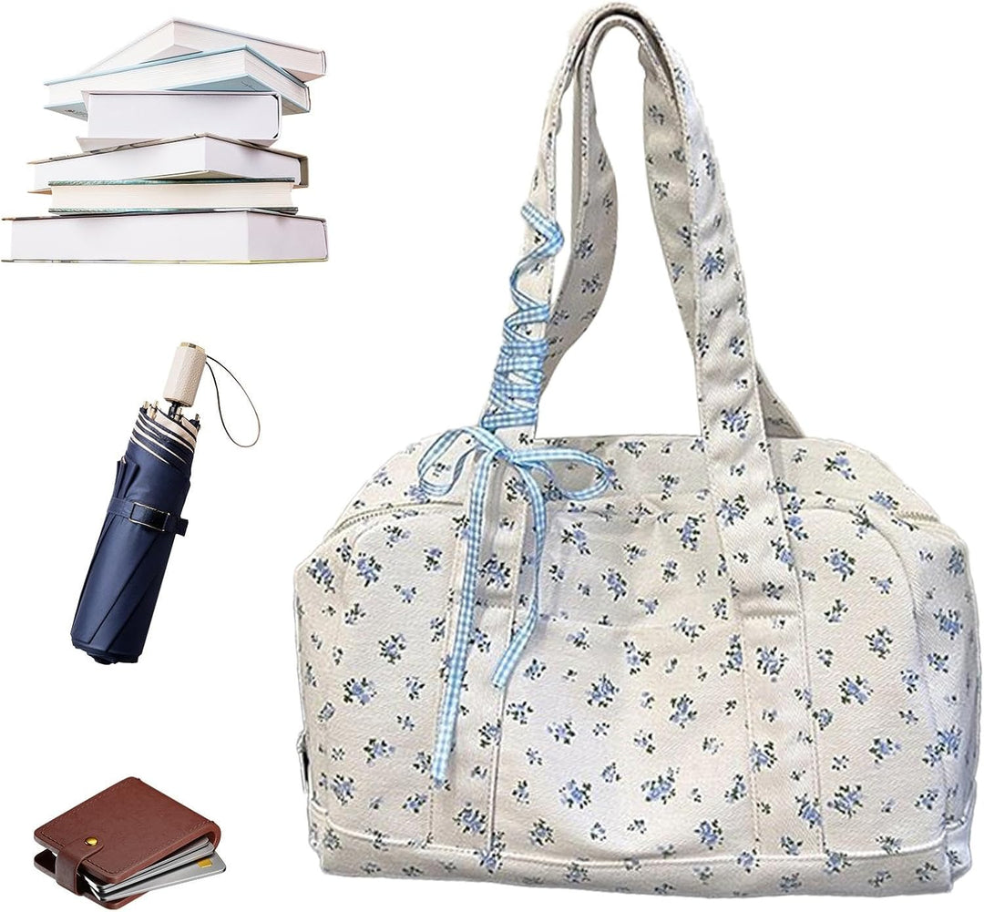 Back view of women's large canvas duffle bag, Floria weekender with elegant bow, travel fashion