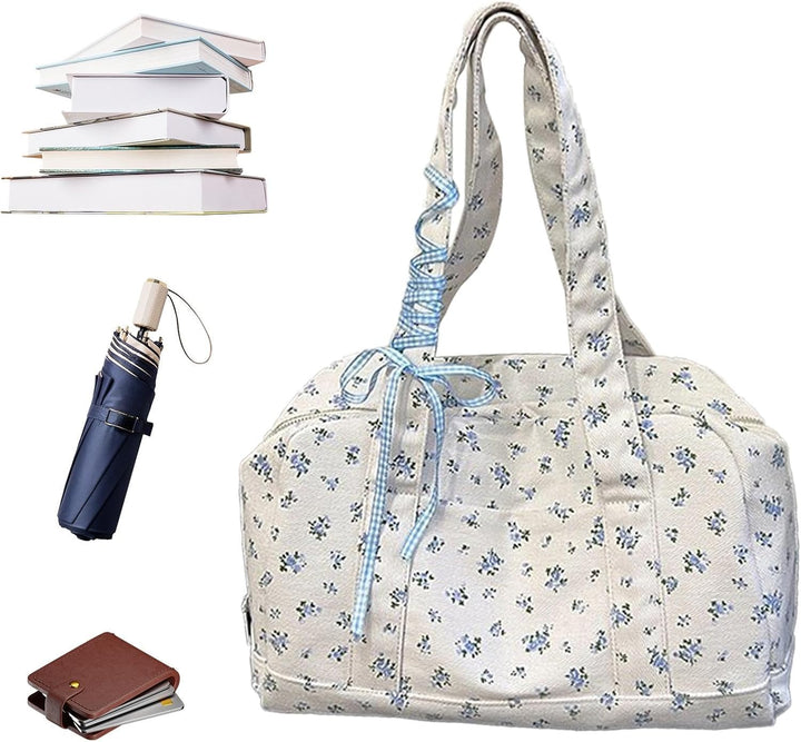 Back view of women's large canvas duffle bag, Floria weekender with elegant bow, travel fashion
