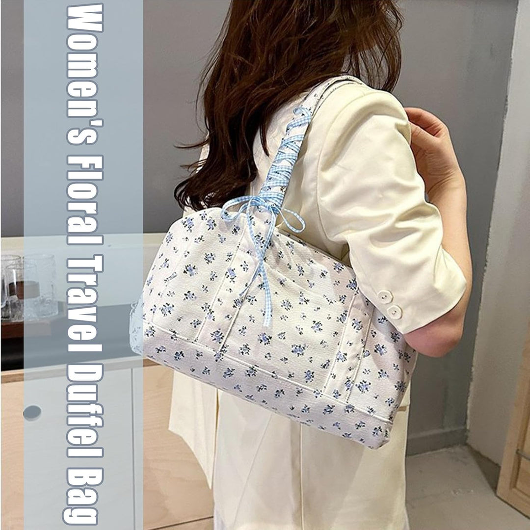 Stylish and functional women's large canvas duffle bag, weekender with a beautiful bow accent
