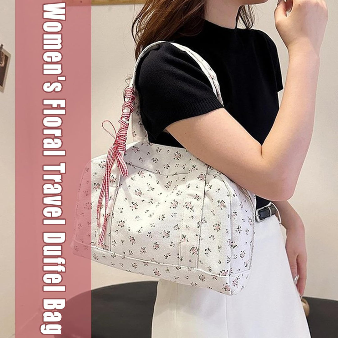 Stylish women's travel bag: canvas duffle with a chic bow accent, large capacity weekender