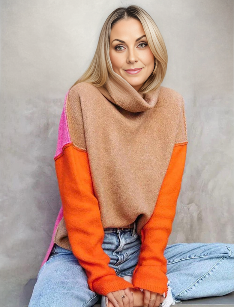 Women's stylish color block knitted sweater for fall. Long sleeve cozy pullover.