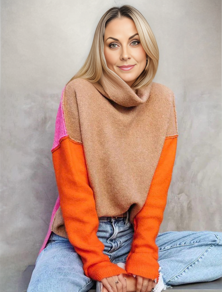 Women's stylish color block knitted sweater for fall. Long sleeve cozy pullover.