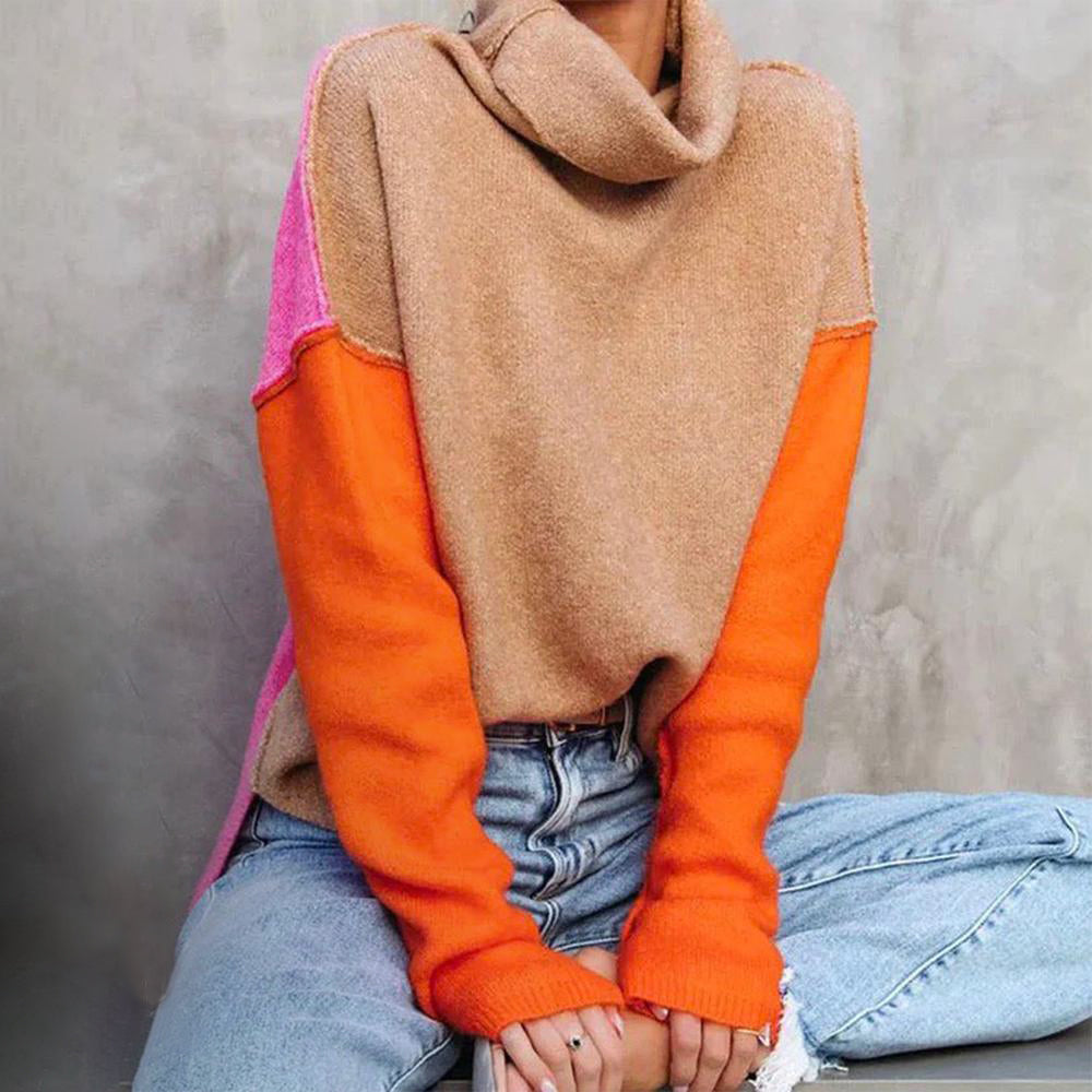 Chic color block knitted sweater, perfect for autumn fashion & winter style. Cozy long sleeve top.